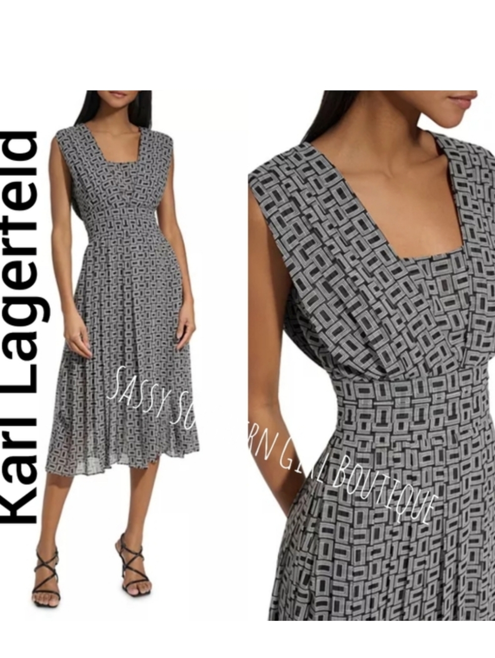 🆕⭐Karl Lagerfeld Black White Geo Print Midi Dress